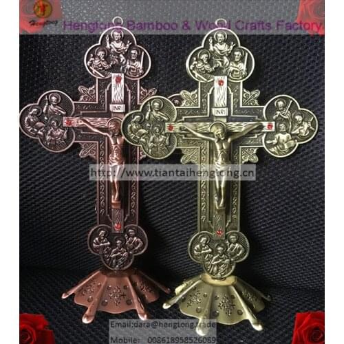 Antique bronze plated or red copper plating Orthodox Metal Stones Cross Lord standing crucifix for church decoration