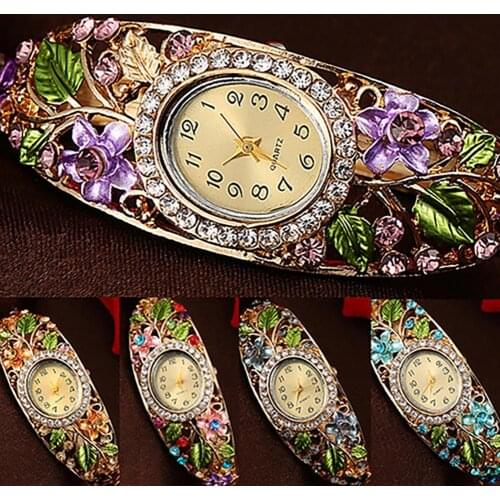 Vintage Women Watch Lady Clock Crystal Colored Flower Bangle Bracelet Watch Analog Quartz openwork diamond Watch reloj mujer