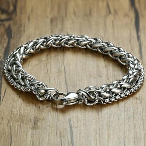 Double Chains Bracelets for Men Wheat Curb Cuban Link Polished Mens Bracelet Chain Stainless Steel Jewelry