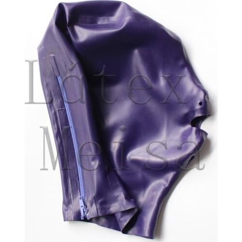 Fetish purple head Latex hoods open nostrils and mouth attached back zip for adults