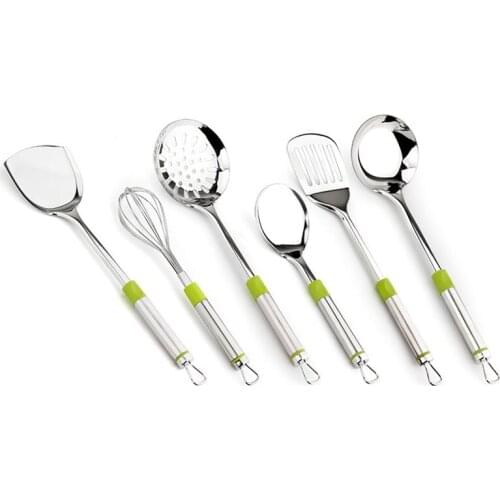 Hot 7pcs Kitchenware Cook Tool sets Cooking Tools set Kitchen Utensils w/ Green Handle Stainless steel Soup Ladle Leak Shovel
