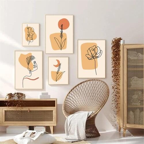 Orange Sun And Moon Art Canvas Painting Abstract Flower Leaves Poster Figure Line Wall Art Prints Boho Picture Living Room Decor
