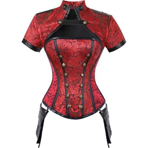 New Gothic Steampunk Costume Vintage Corsets with Short Cloak Red Black Jacquard Top Bustier Corsets For Women Plus Size 2XL