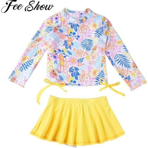 4~12 Year Girls Swimwear Swimming Suits Rash Guard Summer Kids Girls Beachwear Long Sleeve Swimsuit Bathing Suits Sun Protection