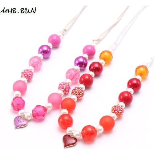 MHS.SUN Cute Design Girls Heart Pendant Chunky Beads Necklace Child Kids Adjustable Rope Necklace For Valentines Day Gifts