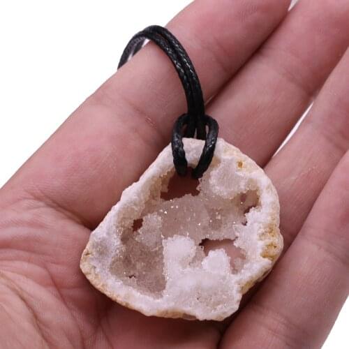 Natural Druzy Agates Stone Pendant Necklace for Women Men Irregular Quartz Crystal Slice Charms Necklace Waxed Thread Chain Gift
