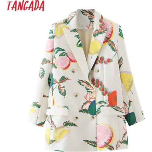 Tangada Women 2020 Fashion Fruit Print Blazer Coat Vintage Double Breasted Long Sleeve Female Outerwear Chic Tops DA139