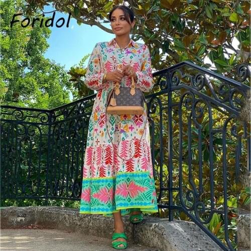 Foridol Floral Print Casual Boho Shirt Dress Maxi Long Autumn Winter Long Sleeve Dress Vestidos 2021 Button Up Dress