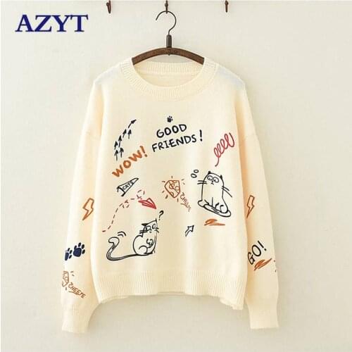 AZYT 2021 Autumn O Neck Pullover Women Sweater Korean Loose Cartoon Print Knit Jumpers Female Winter Warm Base Sweater Women