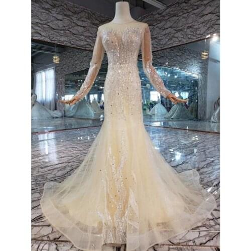 BGW HT4309 Mermaid Wedding Dress Brush Train O Neck Long Sleeves Simple Trumpet Bridal Dresses Detachable Train Factory Reality