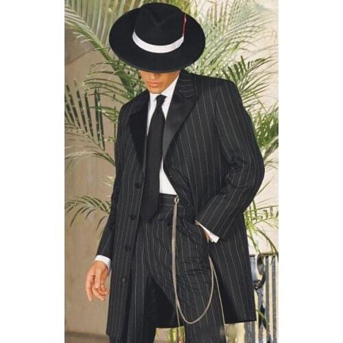 Latest New Arrival Black Stripe Wedding Suits New Fashion Men Peaked Lapel Long Groom Tuxedos Prom Party 2 Pieces (Jacket+Pants)