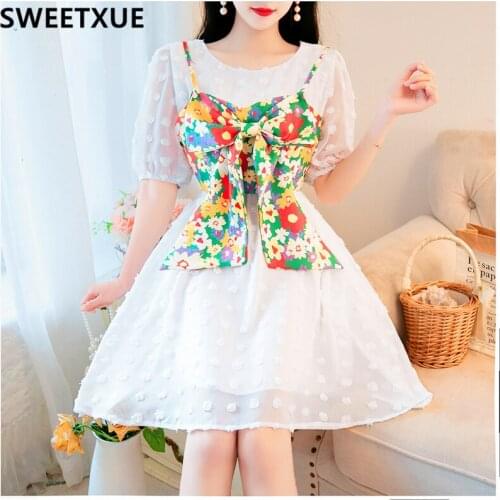 SWEETXUE 2021 Early Spring French Oversized Bow Printed Sling+ Dress Two-Piece Suit Summer Fashion Cute Party Kawaii Dress Women