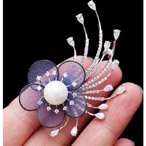 SWOUR New Fashion Jewelry S925 Sterling Silver Flower Design Micro Cubic Zircon CZ Silk Pearl Pin Brooch High Quality S272