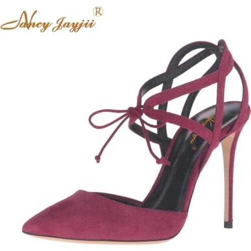 Women Shoes Ladies Pumps Flock Solid Ankle Strap Lace-Up Wedding/Party Super High thin heels Ankle Strap Elegant Fashion 2019