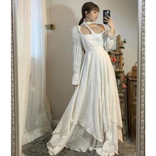 TVVOVVIN Women Dress Puff Sleeve Slash Neck Off Shoulder Dresses Women Long Sleeve Asymmetry Black White Sexy Dresses New YZK4