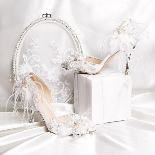 Gorgeous Beaded Feathers Wedding Heels 9 CM Open Toe Prom Evening Party Shoes Bridal High Heels Lady Formal Dress