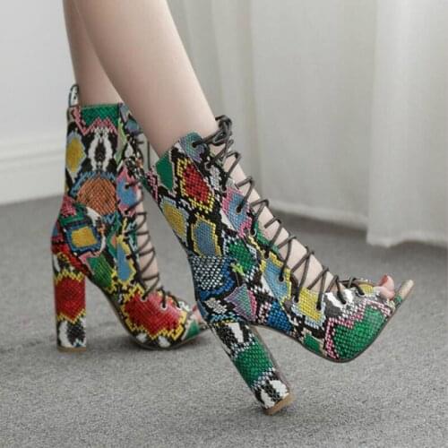 2020 Summer Mixed Color Snake Print Women Ankle Boots Sandals High Quality PU Leather Open Toe Hollow Cross Lace-Up Shoes