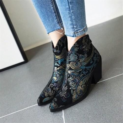 PXELENA Ethnic Embroider Western Ankle Boots Women Spring Autumn Cowboy Short Boots Chunky Square High Heels Shoes Large Size 45