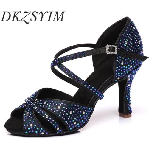 DKZSYIM Womens Latin Dance Shoes Satin Blue Salsa Sandals Rhinestone Buckle Shining Training Perform Shoes 6-10CM 2020