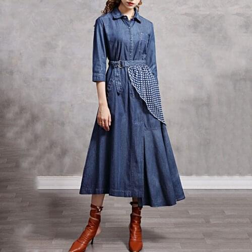 SeeBeautiful Simple Lapel Three Quarter Sleeve Button Irregular Loose Denim Dress Woman Spring 2021 New Fashion T390