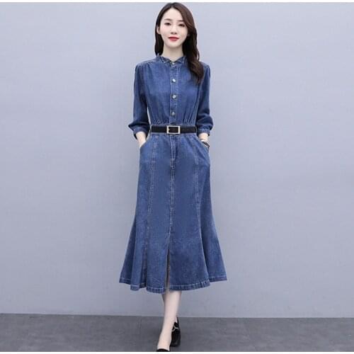 European Fashion Slim Mermaid Denim Dress Women Button Long Jean Dresses Vintage Office Dress Spring Autumn Vestido De Mujer