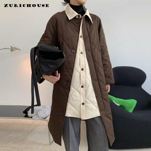 ZURICHOUSE Stylish Lapel Parkas Women Fashion Hit Color Spliced Winter Coats Female Elegant Loose Long Cotton Jacket Femme