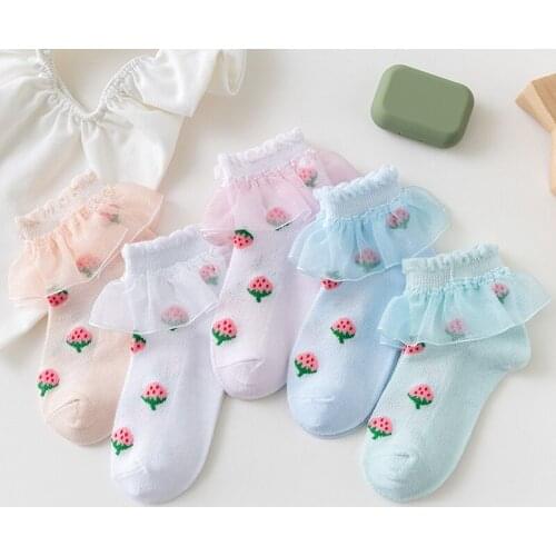 5 Pairs/Lot Summer Thin Lace Socks for Baby Girl Cotton Cute Strawberry Printed Mesh Princess Childrens Socks Chaussette Enfant