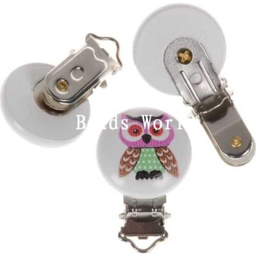 5Pcs High Quality White Round Wood Baby Pacifier Clip Holders Cartoon Owl Pattern Kids Feeding Cute Infant Soother Clasp 45x29mm
