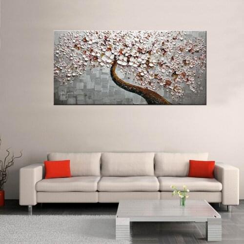 Handmade Heavy Texture Abstract White Cherry Blooming Flower Paintings Art on Canvas Modern Floral Picture Wall Art Unframed