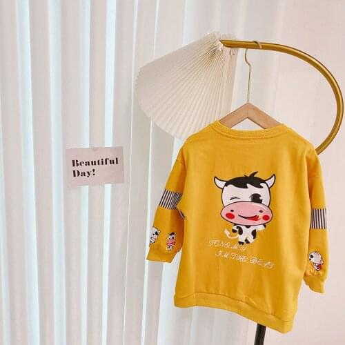 Autumn Children Kids Cotton Long Sleeve O Neck Cartoon Cow Print Casual Hoodies Girls Pullover Sweatshirt T-Shirt Tops