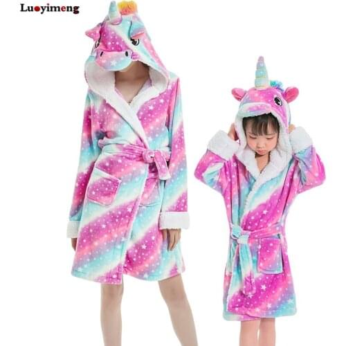 Kids Unicorn Bathrobes For Gilrs Pajamas Animal Hooded Bath Robe Baby Boys Sleepwear Winter Flannel Dressing Gown For Women Robe