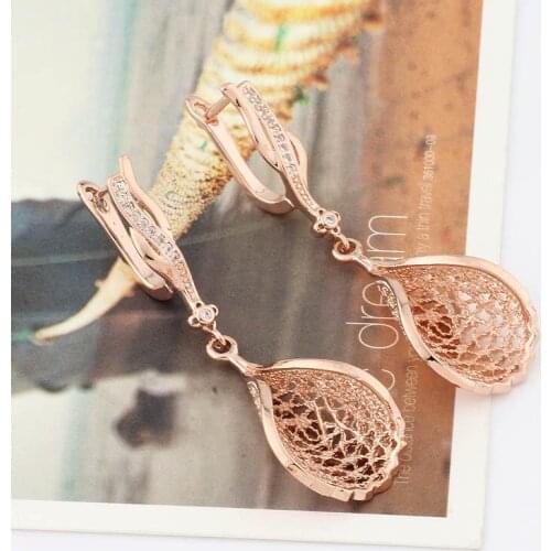 New Trendy Unusual earrings 585 Rose Gold Zircon Long Earrings Women Wedding Hollow Irregular Wave Earings fashion jewelry 2020