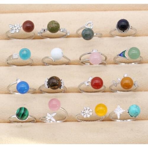 10 pcs 925 Sterling Silver Ring Adjustable Ring with Natural Stone Mounted Agate Opal Turquoise Crystal Stone Fashion Jewelry