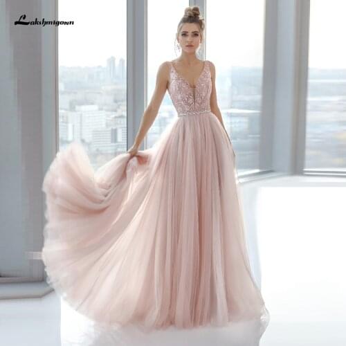 Lakshmigown Blush Pink Sexy Women Evening Dress Long Party Gowns 2020 Vestidos de Fiesta de Noche V Neck Crystal Bead Prom Dress