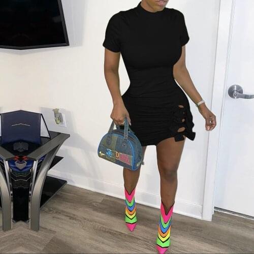 Echoine Summer Short Sleeve Skinny Black Mini Dress Sexy Tie Bow Hollow Out Bodycon Fitness Party Dresses Streetwear Outfits