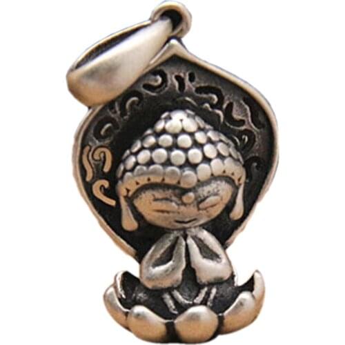 New real s999 pure silver retro 3D lotus seat cartoon baby Buddha pendant matte frosted men and women Thai silver Buddha jewelry