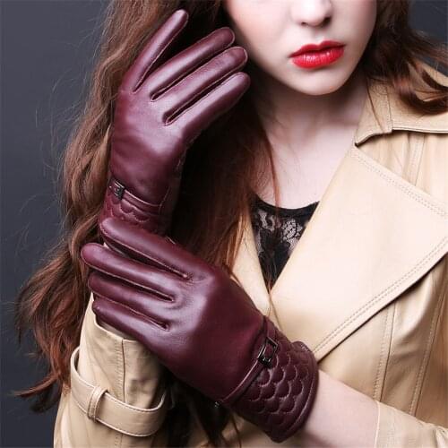 2018 New WomenS Winter Warm Leather Gloves Sheepskin Thickening Plus Velvet Ladies Driving Gloves D-6-5