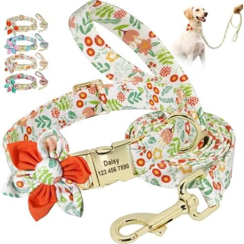 Personalized Dog Collar Leash Set Nylon Printed DogsID Collars Pet Walking Belt For Small Medium Large Dogs Flower Accessory