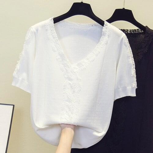 L-4XL plus size women fashion v neck lace kint sweater pullover 2021 short sleeve solid thin Oversized sweaters jersey mujer