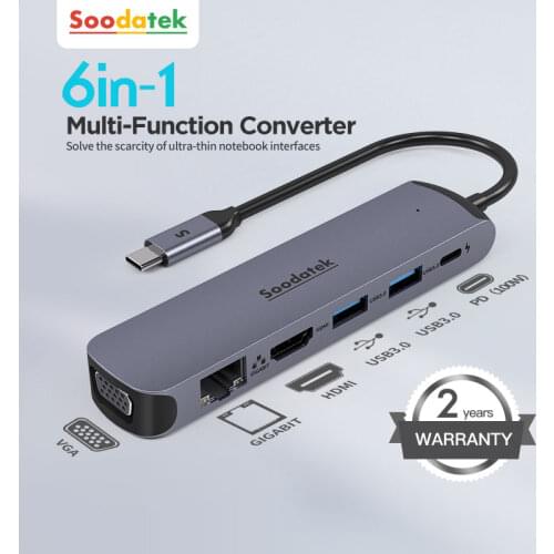 Soodatek USB C Hub USB Type C 3.1 to 4K HDMI VGA RJ45 PD USB 3.0 Adapter USB C Dock for MacBook Pro Accessories USB-C Type C HUB