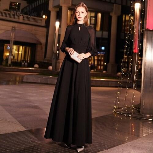 Weiyin Black Wine Red Formal Evening Dresses Womens Autumn Elegant High-Neck Long Sleeve Prom Evening Party Gowns WY1061