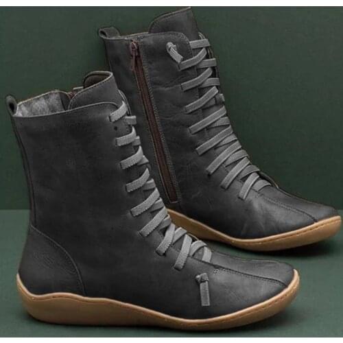 Hot New Women Ankle Boots Womens Fashion Zipper PU Boots Ladies Lace Up Soft Bottom Woman Flat Comfort Female Shoes Plus Size