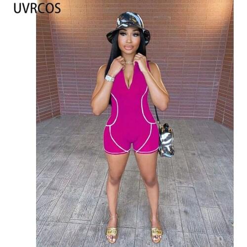 UVRCOS Rompers Womens Jumpsuits Striped Patchwork Stand Neck Zipper Skinny Hot Streetwear Sleeveless Summer Biker Shorts Rompers