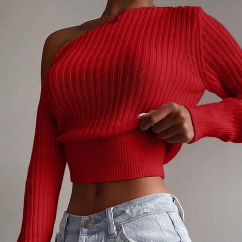 Women Sexy Off Shoulder Sweater Solid Color Long Sleeve Ribbed Knitted Pullover Button Decor Ribbed Knitted Slim Autumn Pullover