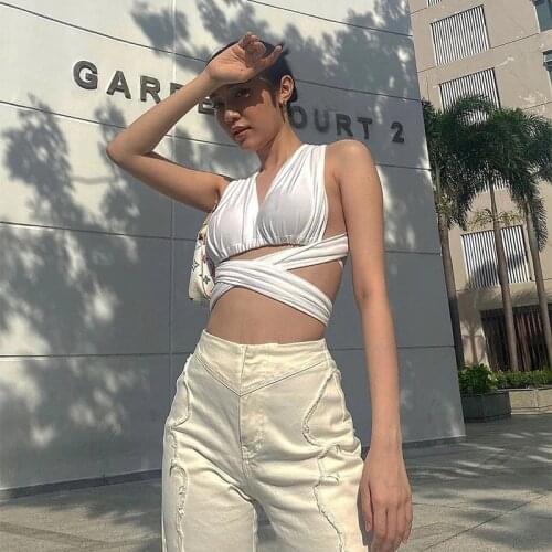 Women Cropped Feminino Straps Cross Bandage Sexy Backless White Crop Tops for Tie Up sleeveless Vest Top Streetwear clothes bar