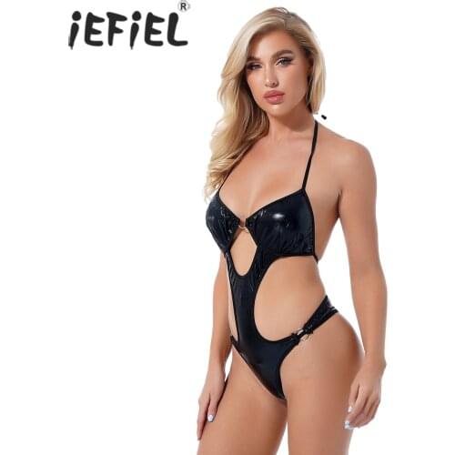 Women Patent Leather Halter Lace-up Bodycon Lingerie Bodysuit Wet Look Cutout Slim Fit Jumpsuit Nightclub Stage Show Costumes