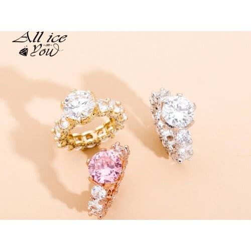 ALLICEONYOU Iced Out Luxury Cubic Zirconia Ring Large Round Hip Hop Fashion Jewelry wedding band eternity Ring For Women Gift