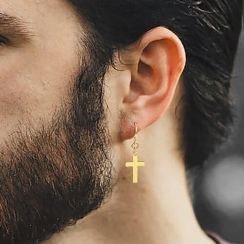 Gold Color Cross Dangle Earrings for Men Women Simple Stainless Steel Hoop Drop Earrings Christian Jewelry DKE209
