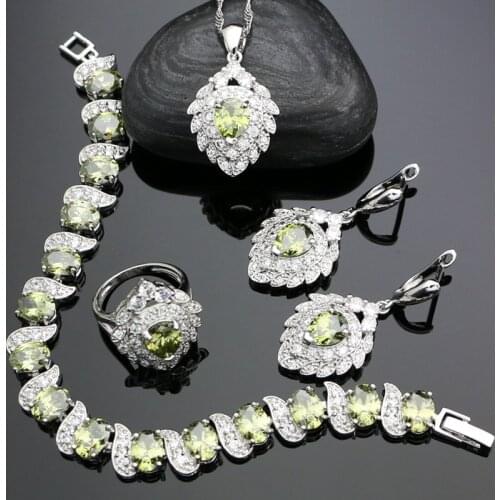 925 Silver Jewelry Sets For Women Olive Green Cubic Zirconia Strawberry Shape Earrings Pendant Necklace Ring Bracelet Silver Set