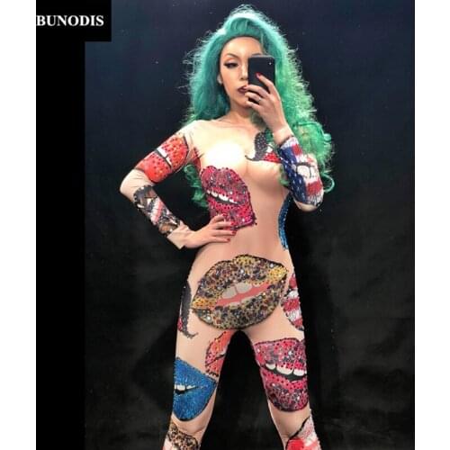 Angel Kiss Sparkling Crystals 3D Printing Women Sexy Jumpsuit Nightclub Party Bodysuit Stage Wear Dancer Singer Costume